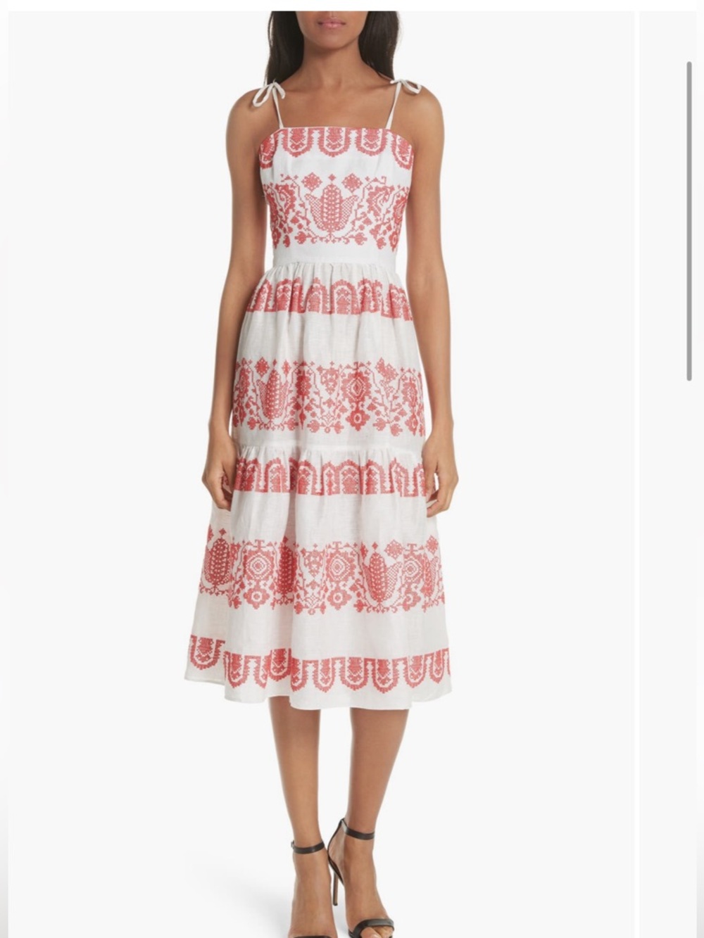 Milly Mykonos Red/White Embroidered Linen Midi Dress with Tie Straps